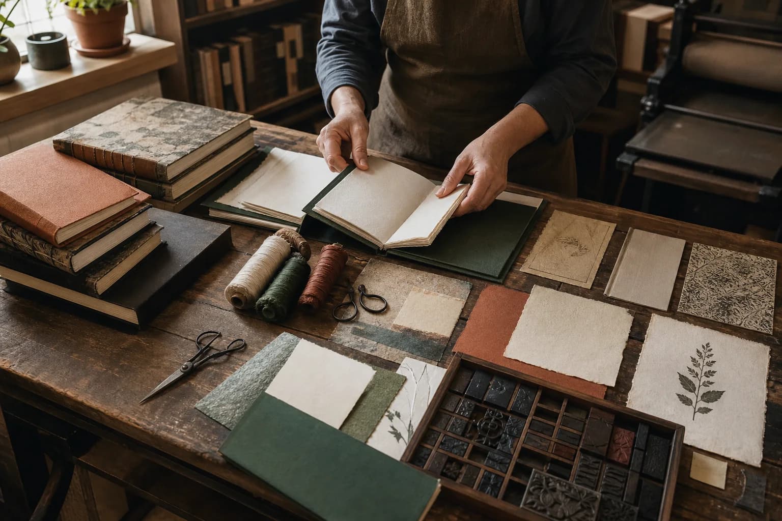 میز کار صحافی با کتابها و نمونههای کاغذ